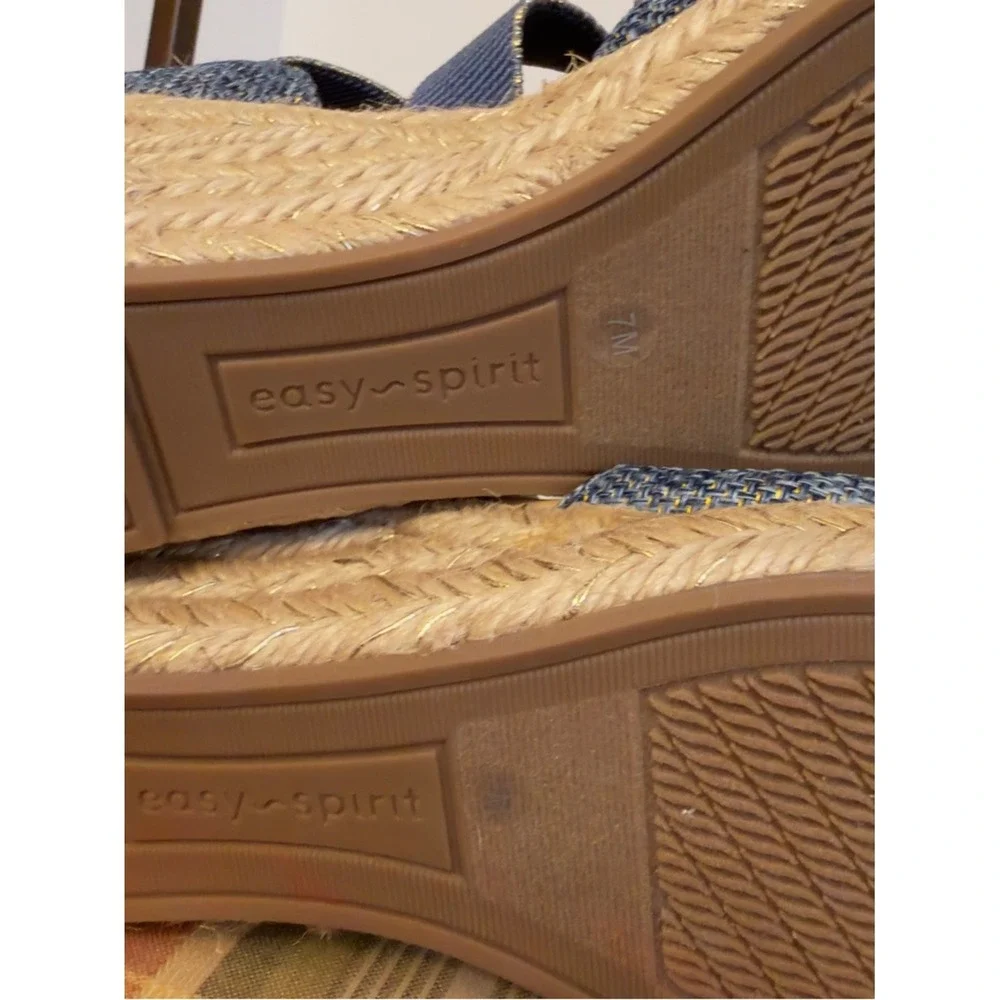 Easy Spirit Blue Espadrille Wedge Sandals | Elastic Strap Comfort Summer Shoes 7